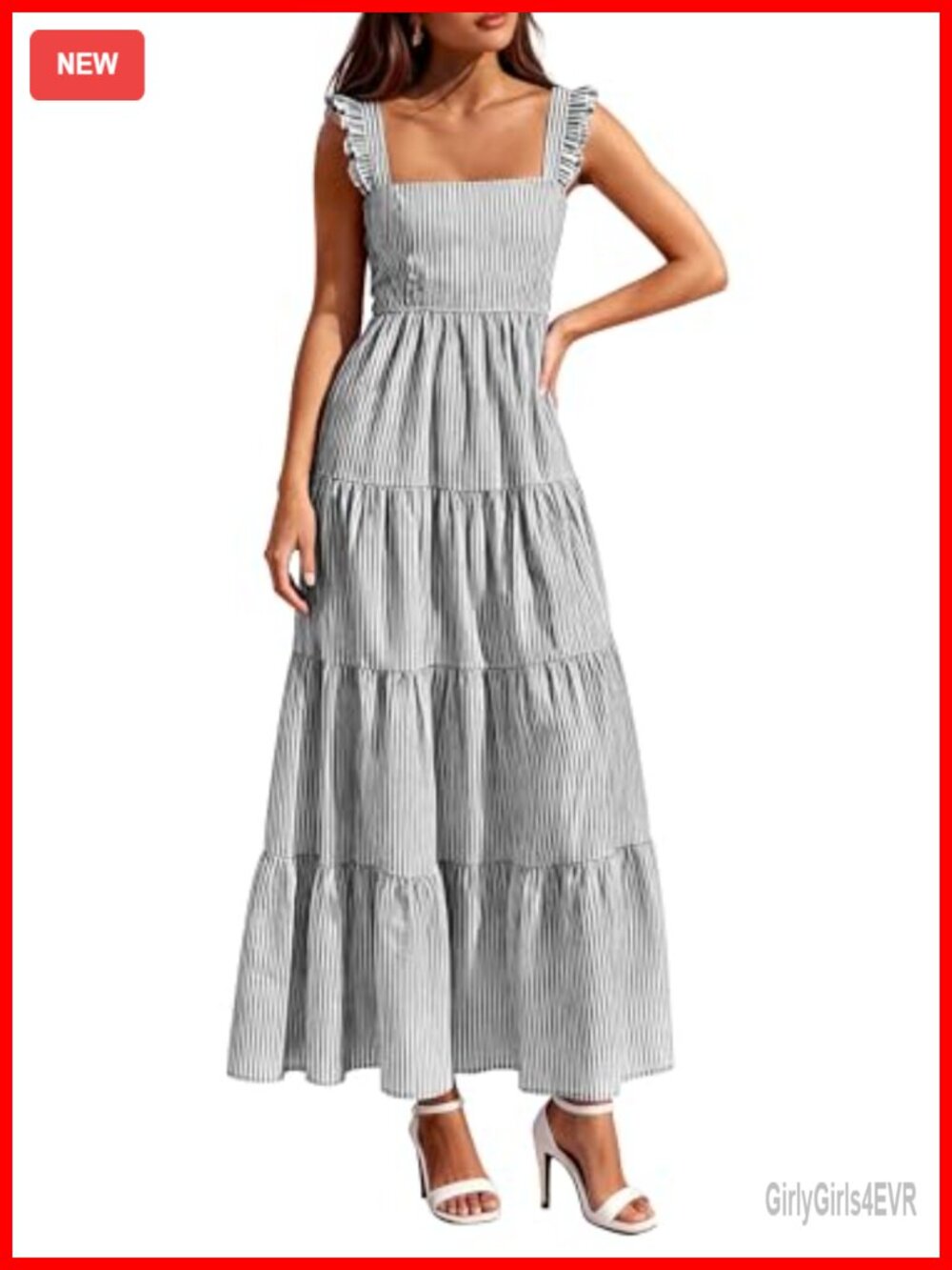 Striped Maxi Sun Dress Square Neck Smocked Sleeveless Fit Flare